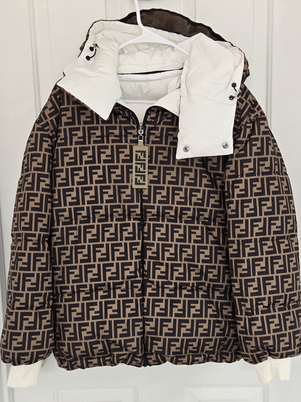 Fendi Brown FF Logo Puffer Jacket with White